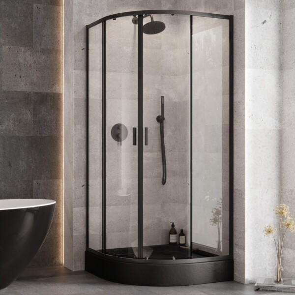 BESCO - Set kút ZARYA BLACK + vanička ALEX STONE EFFECT - FARBA rámu - Čierna, Rozmer A - 80 cm, Rozmer B - 80 cm, Výplň - Číre bezpečnostné sklo - 5 mm OLBZAAL80B