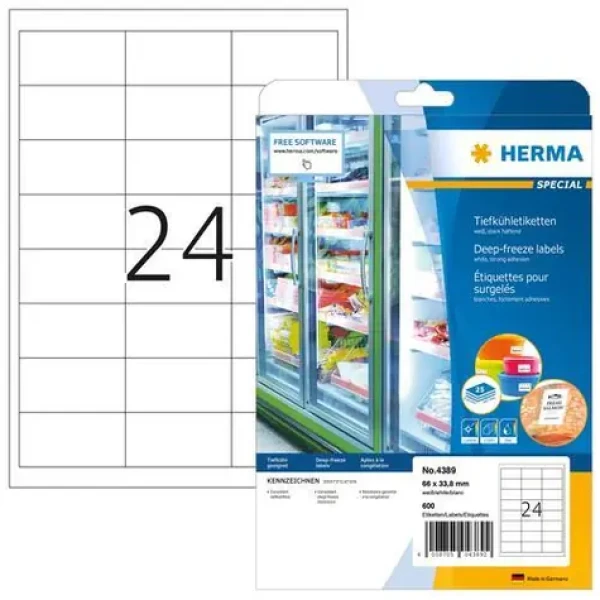 Herma Mraziace etikety biele 66x33,8 mm / Etikety / Papier / 600 ks / A4 (4389)