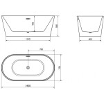 MEXEN/S - Luna voľne stojaca vaňa 140 x 75, biela/čierna, sifón a prepad biela 52031407575-20