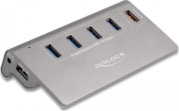 Delock USB 10 Gbps hub with 4 USB Type-A ports + 1 quick charging port, USB hub (grey, incl. power supply)