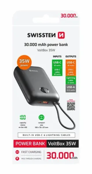Swissten 22013938 VOLTBOX 30000mAh čierna / Powerbanka s integrovanými káblami (22013938)