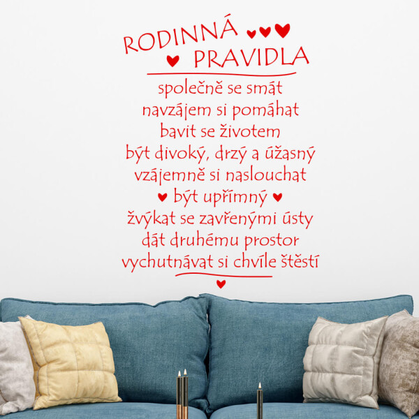 Veselá Stena Samolepka Pravidla rodiny Farba: červená, Veľkosť: 100 x 72 cm