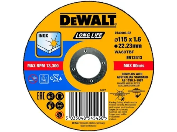 DeWalt DT43905-QZ / Rezný kotúč na nerezovú oceľ / Priemer 115 x 22.3 mm / Šírka rezu 1.6 mm (DT43905-QZ)