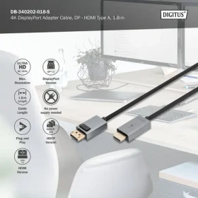 Digitus / DisplayPort pripojovací kábel / DP/M - HDMI-A/M / 4K / 1,8 m (DB-340202-018-S)