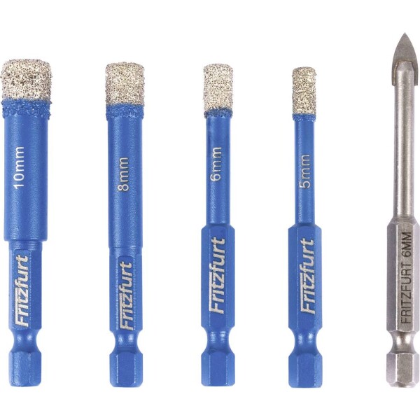 FRITZFURT 1191-3141 sada diamantových vrtákov, 5 mm, 6 mm, 8 mm, 10 mm, délka 140 mm, 5-dielna; 1191-3141