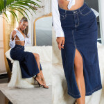 Sexy Highwaist Dark Denim Maxiskirt with Slit denimblue