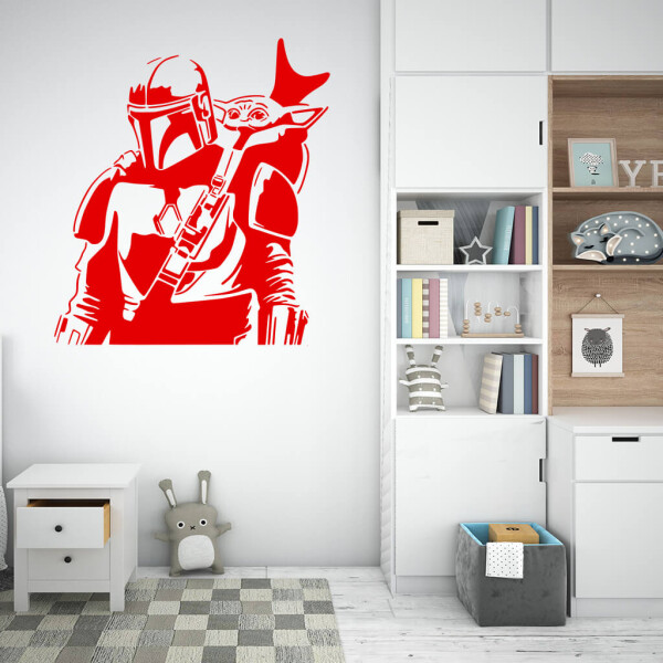 Veselá Stena Samolepka Mandalorian a Grogu Farba: červená, Veľkosť: 60 x 67 cm