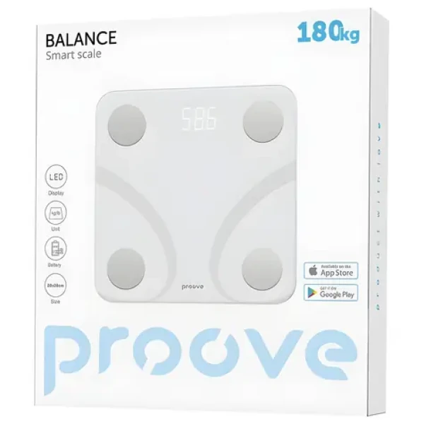Proove SMART Scale Balance biela / Múdra osobná váha / tvrdené sklo / Bluetooth / do 180 kg (SLBF00010002)