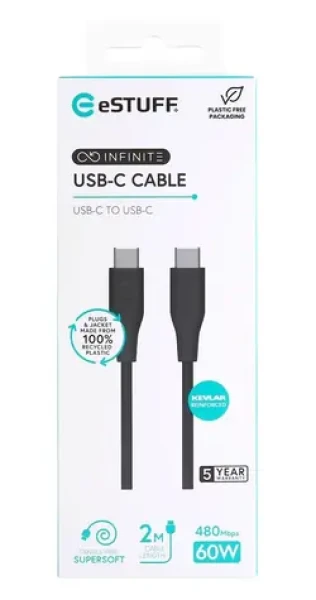 ESTUFF INFINITE (GRS) čierna / Kábel / USB-C - USB-C / 2 m / 60 W PD (ES604280)