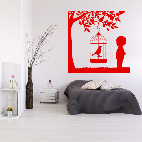 Veselá Stena Samolepka Vtáčik v klietke na strome Farba: červená, Veľkosť: 60 x 60 cm