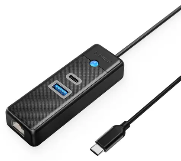 Orico PWCUR-C3 čierna / USB hub / USB-A 3.0 / USB-C 3.0 / RJ45 Gigabit / 0,15 m