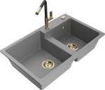 MEXEN/S MEXEN/S - Tomas granitový drez 2-bowl vrátane batérie Flora, šedá 6516-71-670401-57-G