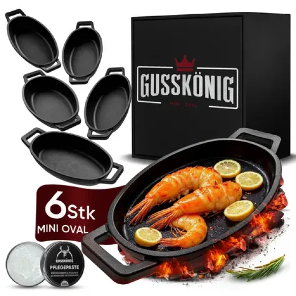 GUSSKÖNIG Sada oválnych mini liatinových panvičiek 6× 11,7 cm / Sada liatinových panvičiek / vypálené / do rúry aj na gril (GK-52)
