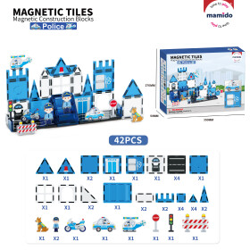 Mamido Mamido Magnetická stavebnica polícia 42 dielov, Policajná motorka, vrtuľník, auto, pes MT1480