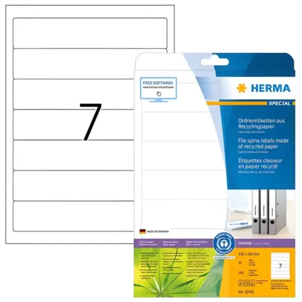 Herma etikety na zakladače Recycling A4 / Etikety na zakladače / 192x38 mm / 20 listov / 140 ks (10745)