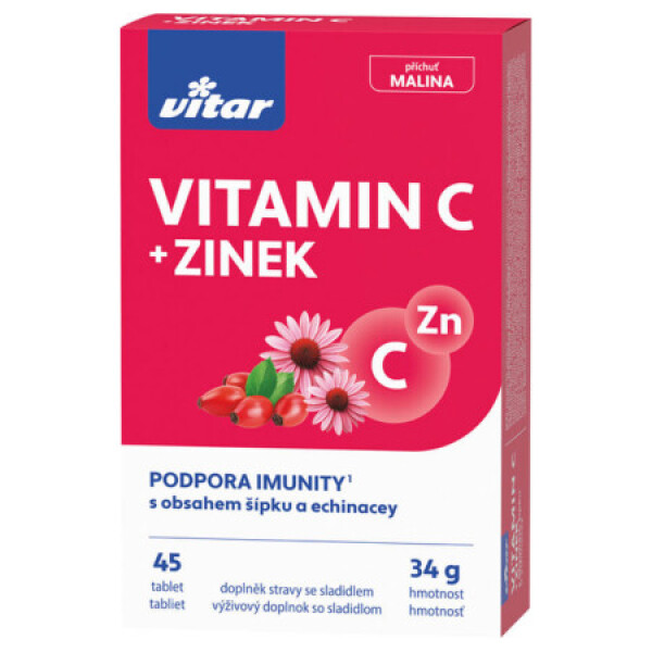 VITAR Vitamín C + zinok echinacea a šípka príchuť malina 30 + 15 zadarmo 45 tabliet