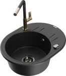 MEXEN/S MEXEN/S - Kevin granitový drez 1-miska s odkvapkávačom vrátane batérie Flora, čierna/zlatá metalik 6517-75-670401-57-B