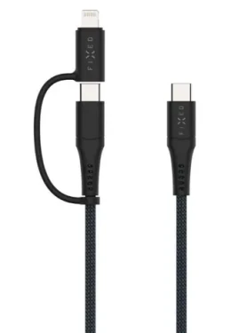 FIXED Dlhý nabíjací a dátový opletený kábel s konektormi USB-C/USB-C a Lightning adaptérom PD 3M MFi PD 60W sivý (FIXDB-CCL3-GR)