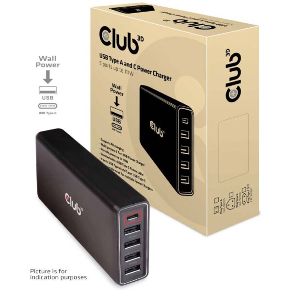 Club 3D nabíječka, USB-C PD, 4xUSB-A, 111W, čierna