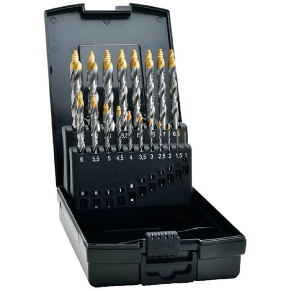 Exact 74561 HSS TIN-TIP špirálový vrták, 1 mm, 1.5 mm, 2 mm, 2.5 mm, 3 mm, 3.5 mm, 4 mm, 4.5 mm, 5 mm, 5.5 mm, 6 mm, 6.5 mm, 8 mm, 10 mm, DIN 338, 1 sada; 74561