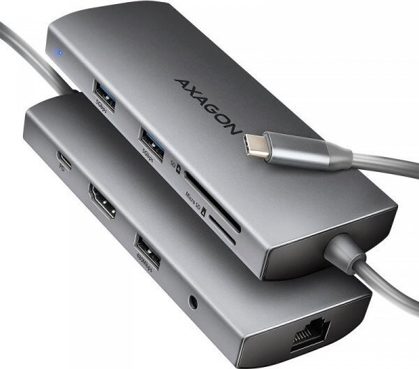 Axagon HMC-8HLSA Wieloportowy hub USB-C 3.2 Gen 1 hub, 3x USB-A + 4K/30Hz HDMI + SD/microSD, GLAN, Audio, PD 100W, 20cm USB-C kabel