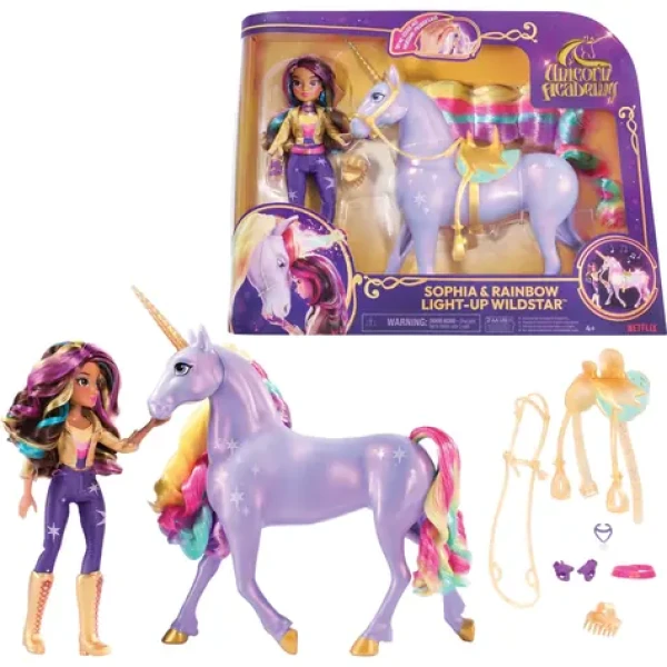 Spin Master Unicorn Academy Svetelný jednorožec Wildstar s bábikou Sophiou 24 cm