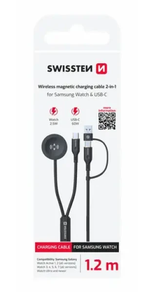 Swissten Bezdrôtový nabíjací magnetický kábel 2v1 pre Samsung Galaxy Watch + USB-C 1.2m čierna / 2.5W / USB-A/USB-C (22065512)