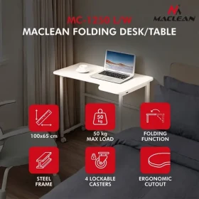 Maclean MC-1250 L/W biela / Skladací stôl / mobilný / 100x65 cm / rohový, L-tvar / nosnosť 50 kg (MC-1250 L/W)