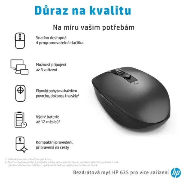 HP 635M čierna / Bezdrôtová myš / Multi-Device / 4 tlačidlá / 1200 DPI / Bluetooth + 2,4 GHz (1D0K2AA#AC3)