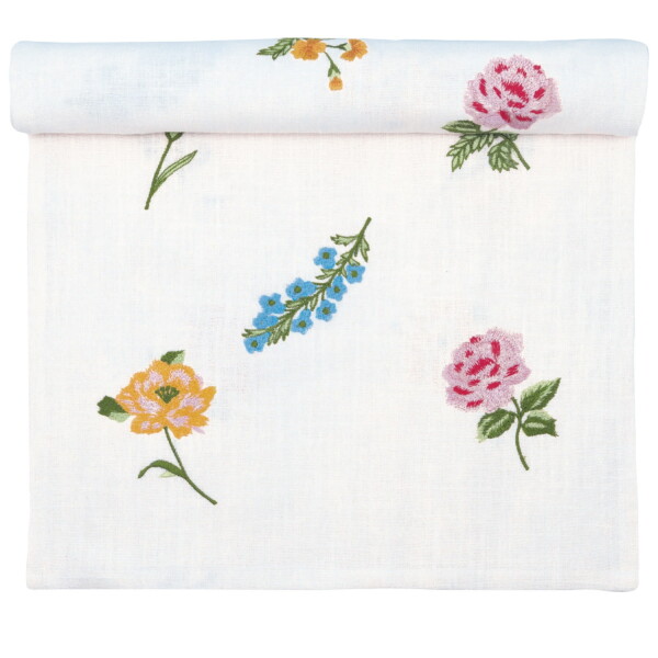 GREEN GATE Vyšívaný behúň na stôl Estrid White 45 × 140 cm