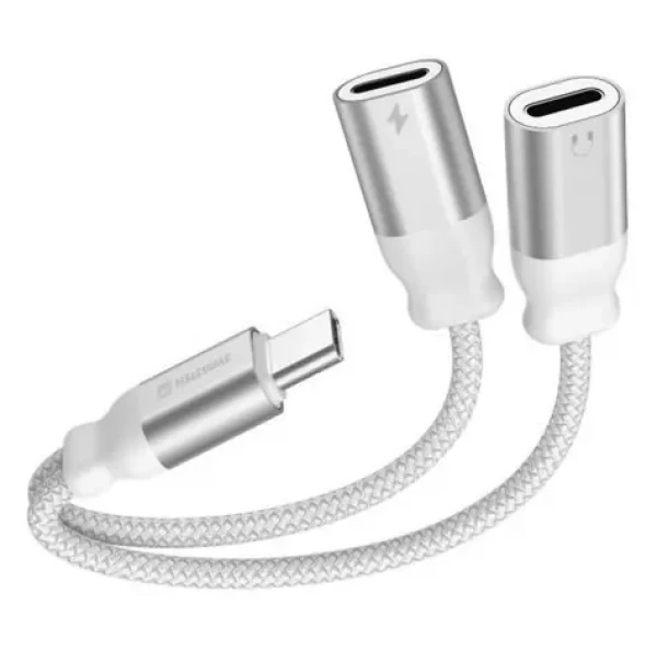 Swissten TEXTILE Nabíjací audio adaptér USB-C (M) - 2x USB-C (F) 0.12m biela (73502305)