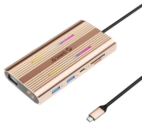 Orico USB-C hub 12v1 RGB ružovo-zlatá / USB hub / PD 100W / 2x HDMI 4K 60Hz / VGA / RJ45 Gigabit / 2x USB-A (ORICO-XDR-X1-RG-BP)