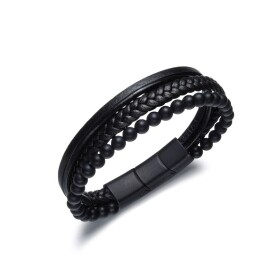 Diverse Čierny kožený náramok s korálkami z onyxu B1G00207