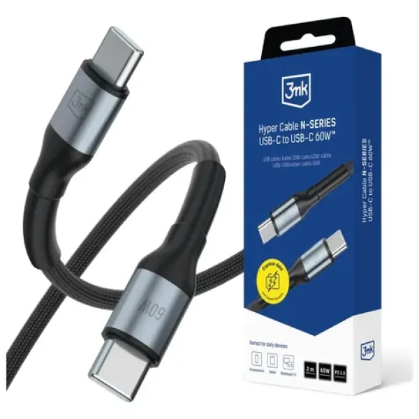 3mk Hyper kábel N-SERIES USB-C na USB-C 2m 20V/3A 60W čierna (5903108680226)