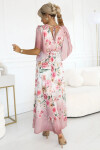 603-4 Vzdušné maxi šaty s obálkovým výstrihom a kvetinovým vzorom - PINK Roses UNI