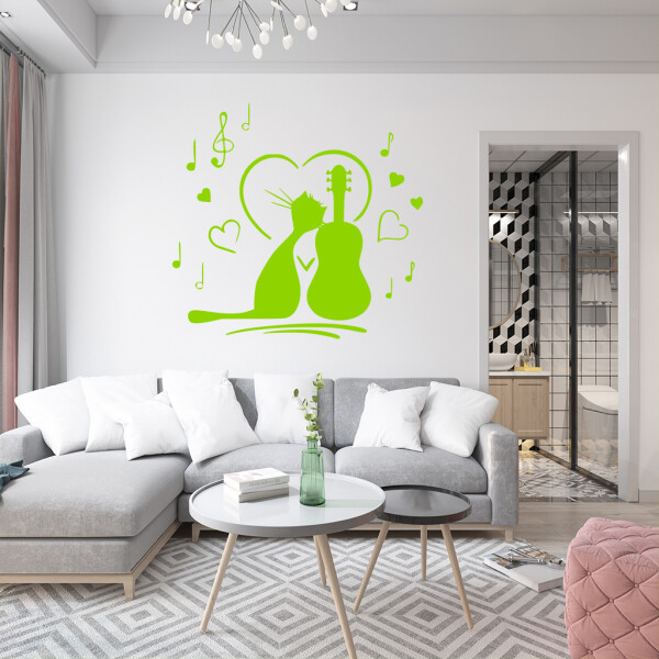 Veselá Stena Samolepka Mačička milujúca hudbu Farba: zelená, Veľkosť: 100 x 93 cm