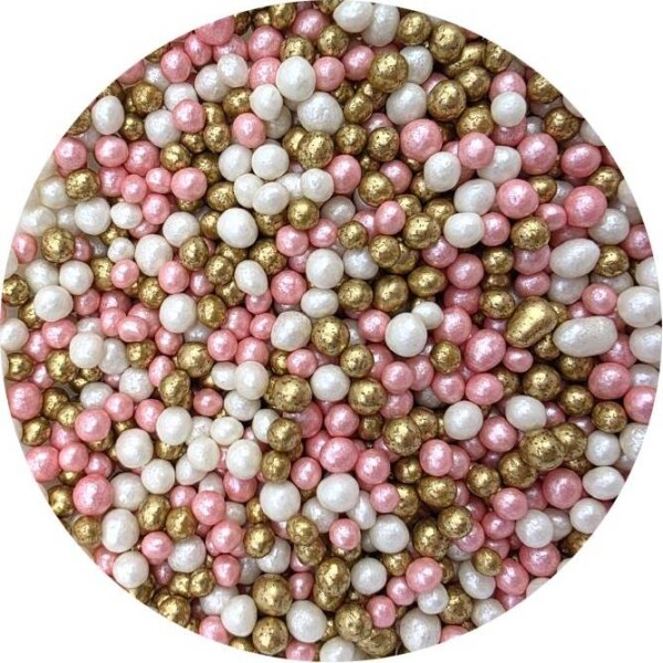 Cukrovo-ryžové perly ružovo‑bielo‑zlaté, 5 mm, 80 g - I LOVE CAKES