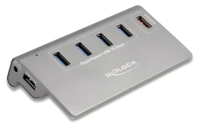 DeLock 5portový USB hub šedá / USB hub / 4X USB-A 10 Gbps + 1x rýchlonabíjací Port / kovové telo / AC adaptér (64182)