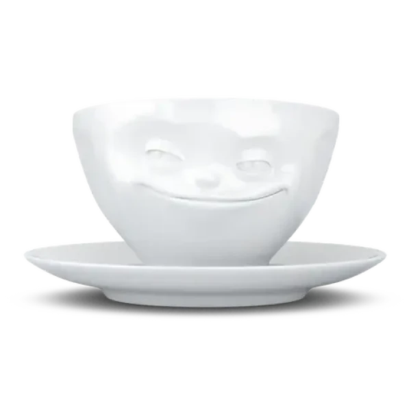 FIFTYEIGHT PRODUCTS Kávový hrnček Grinsend biela / Hrnček / 200 ml / Porcelán / S tanierikom / Do umývačky aj mikrovlnky (T014101)