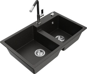 MEXEN/S MEXEN/S - Tomas granitový drez 2-bowl vrátane batérie Flora, čierna/zlatá metalik 6516-75-670401-07