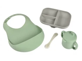 Beaba Jedálenská súprava silikónová 4-dielna s podbradníkom Grey/ Sage Green (913556BB)