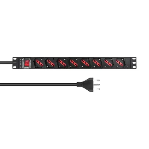Lanview rozvodný panel 8x Schuko 19" čierny / Rozvodný panel / 1U / 2 m kábel / vypínač s podsvietením (LVR-2MIT-SW-IT8)