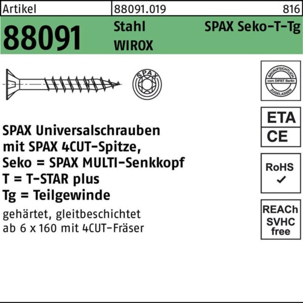 SPAX SPAX Seko-T-Tg 880910190040035 zápustné skrutky 4 mm 35 mm T-STAR plus ocel WIROX 1000 ks; 0191010400355