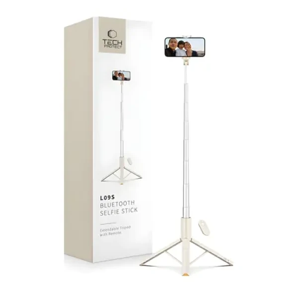 Tech-Protect L09S béžová / Selfie tyč / Statívová funkcia / Bluetooth diaľkové ovládanie / Teleskopická 146 cm (5906302330874)