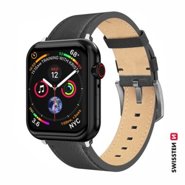 Swissten Kožený remienok pre Apple Watch 42/44/45/49mm čierno-strieborná / strieborná spona a strieborné pútko (46000812)