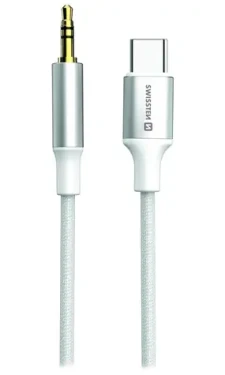 Swissten TEXTILE Audio adaptér USB-C (M) - 3.5mm Jack 1.5m biela (73502310)