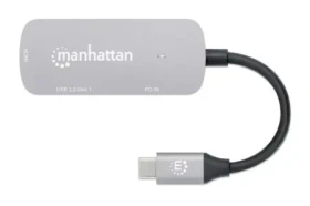 Manhattan USB-C na HDMI adaptér 3v1 strieborný / Adaptér / 4K 30Hz / USB-A 3.2 Gen1 / PD 100 W (130707)