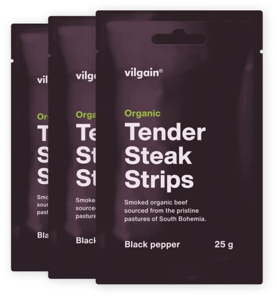 Vilgain Sušené steakové prúžky BIO – 3× čierne korenie 25 g