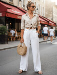 Dámske ľanové nohavice so širokými nohavicami biele FashionStreet UY3078 XS