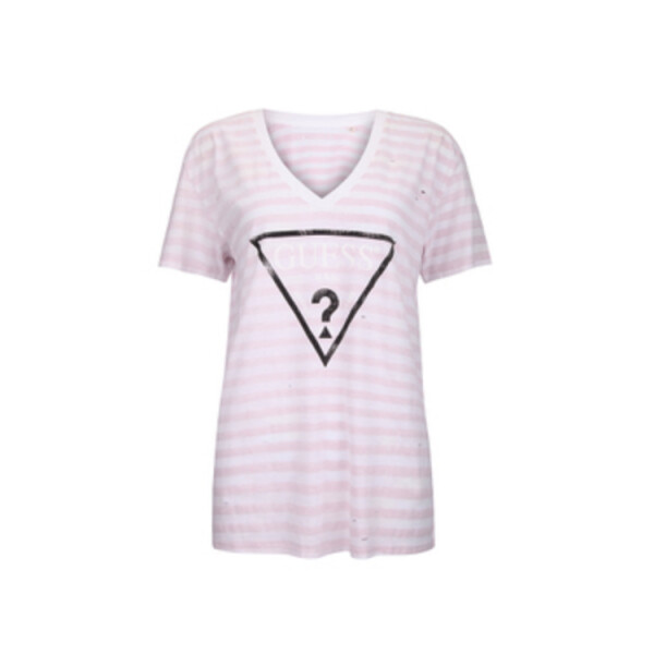 Outlet GUESS tričko Destroyed Logo V-Neck Tee lilac Ružová